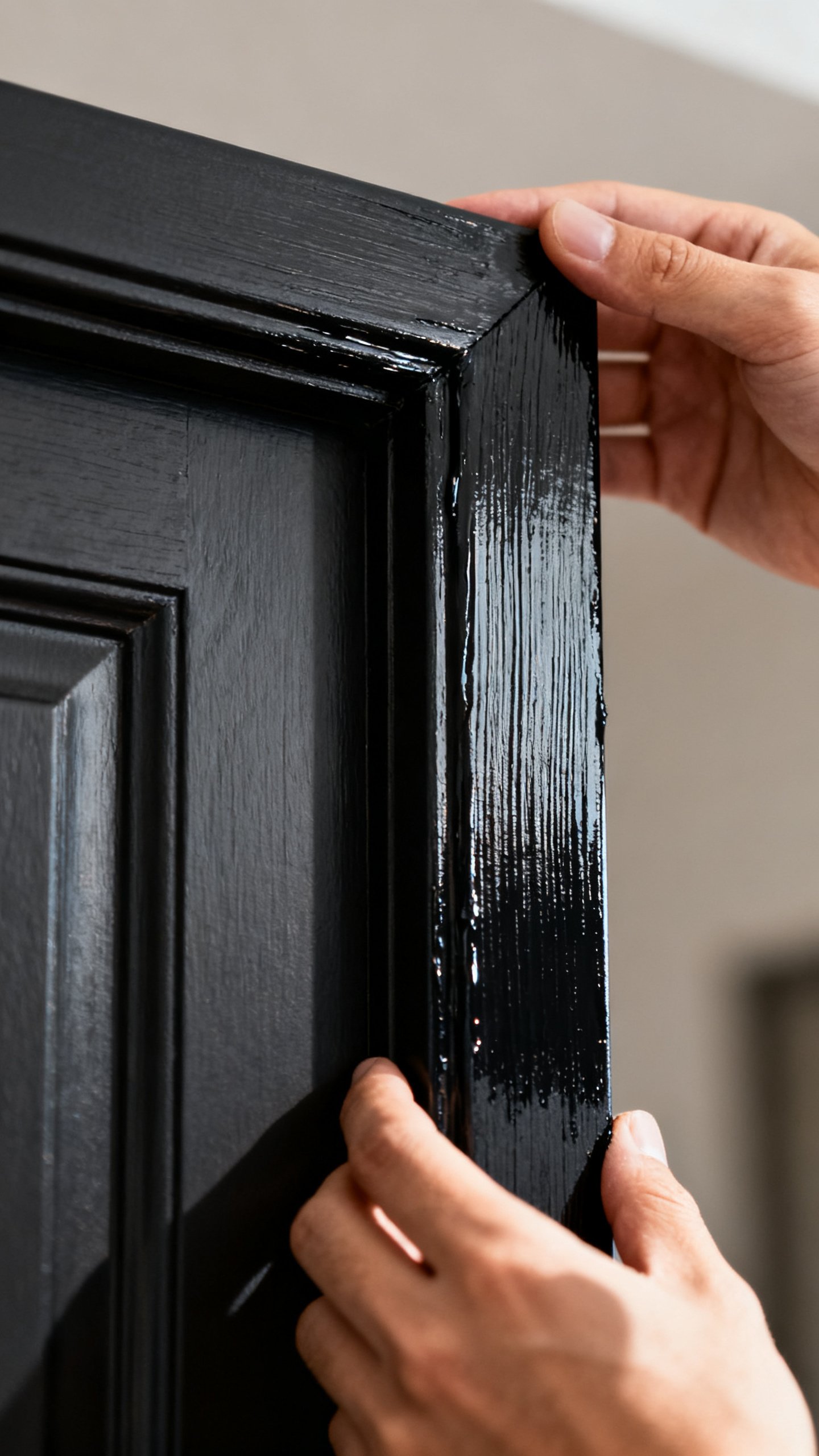 Closeup hands applying satin black paint to door edge