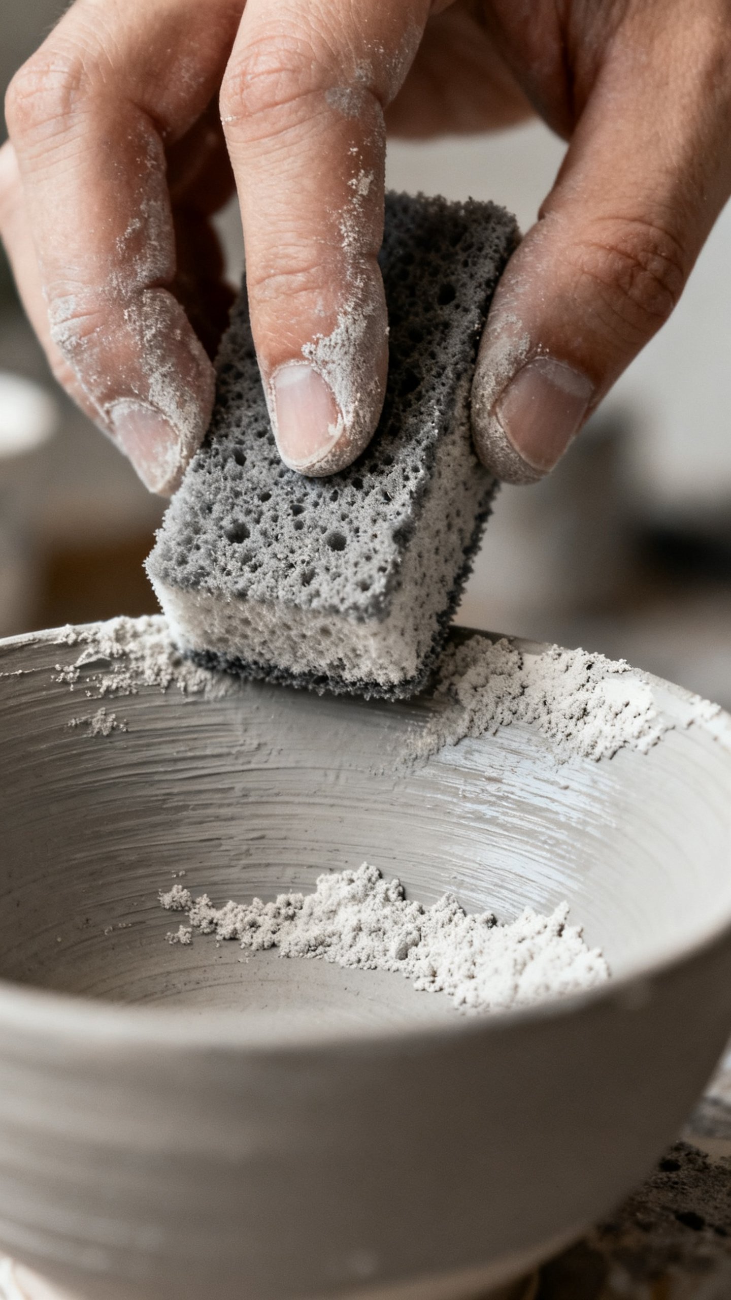 Closeup hands sponging baking-soda paint on ceramic bowl, dusty gray texture
