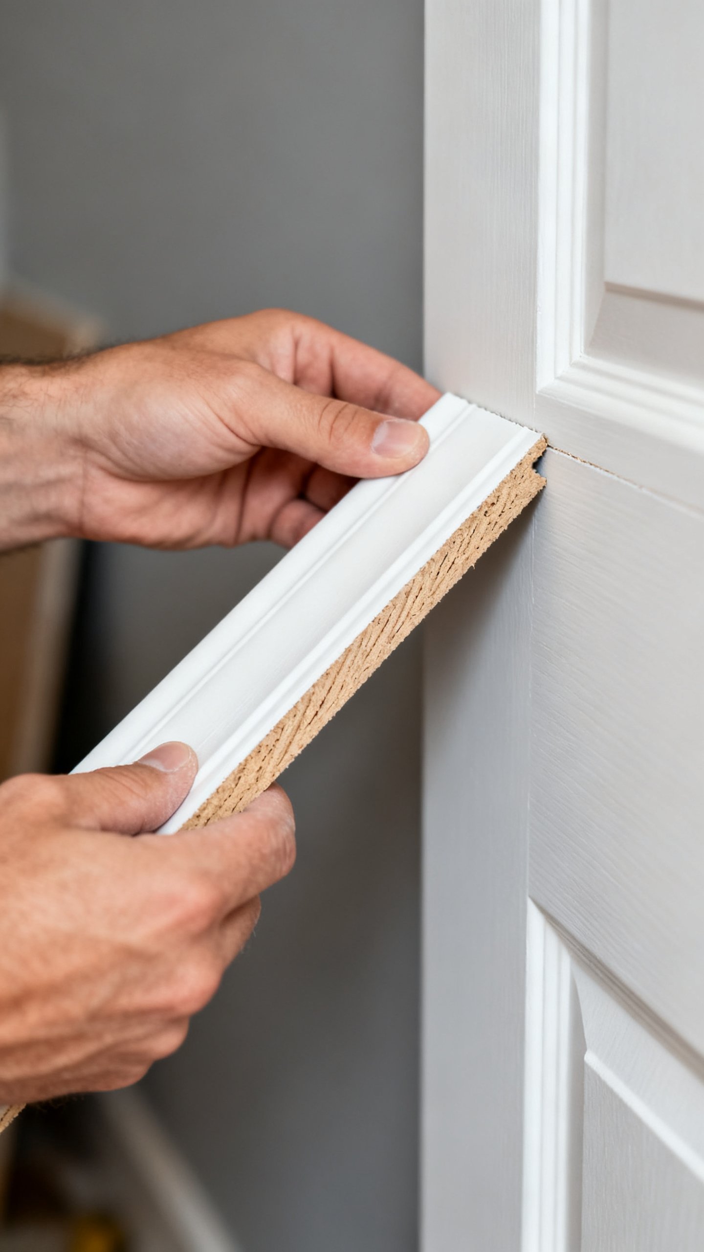 Closeup installing pre-primed MDF molding strips on flat door