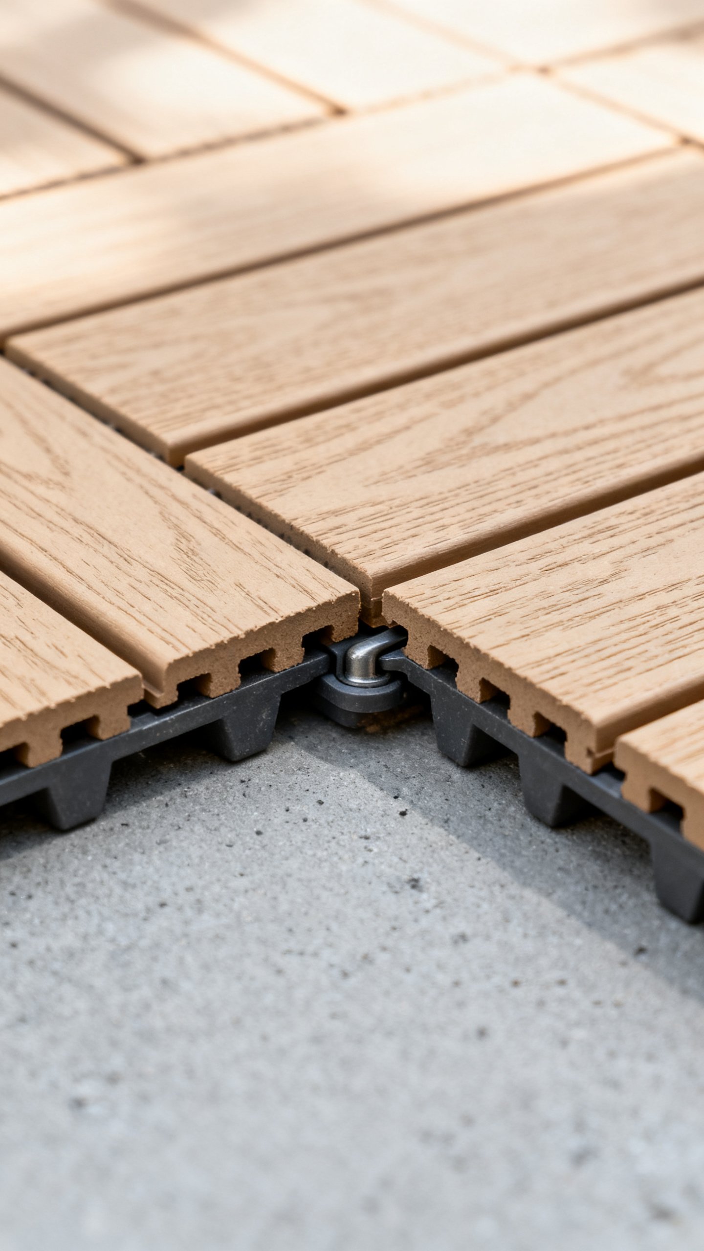 Closeup of interlocking deck tiles snapping over concrete