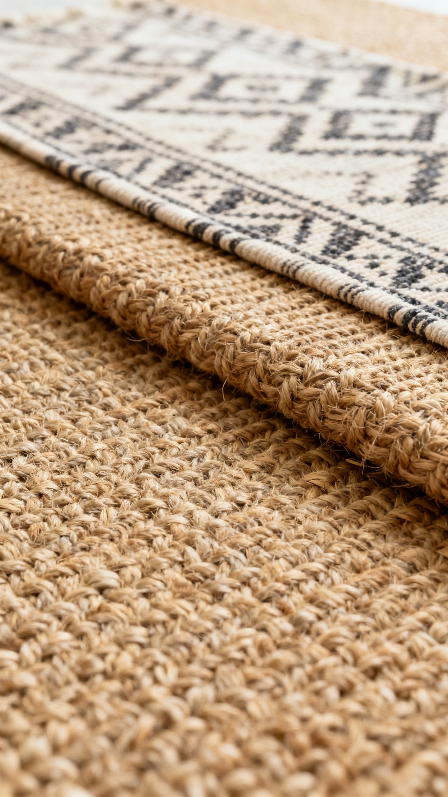 Closeup of layered jute rug topped with patterned runner