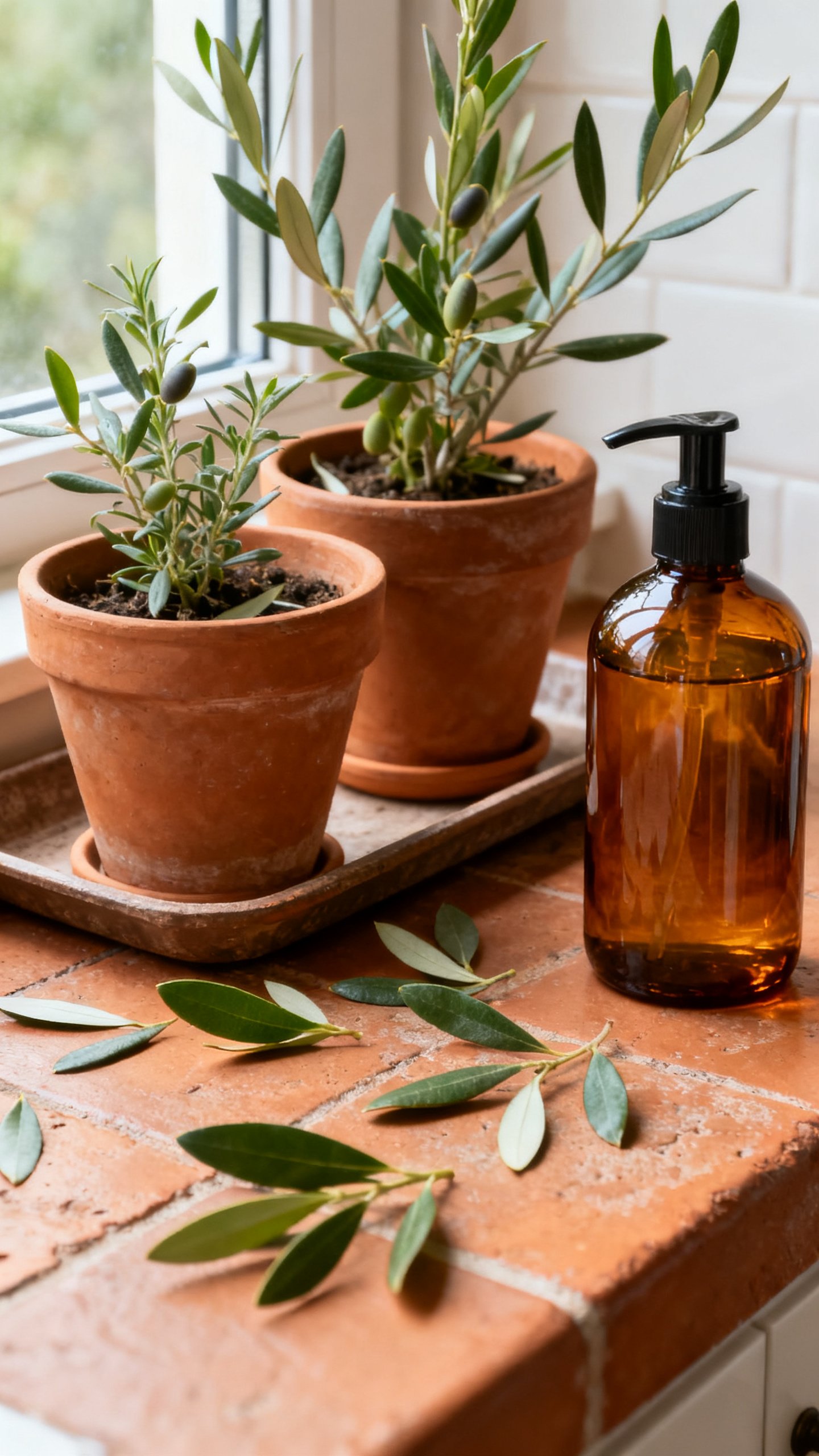Closeup of matching terracotta herb pots on kitchen windowsill tray, olive leaves, amber soap bottle