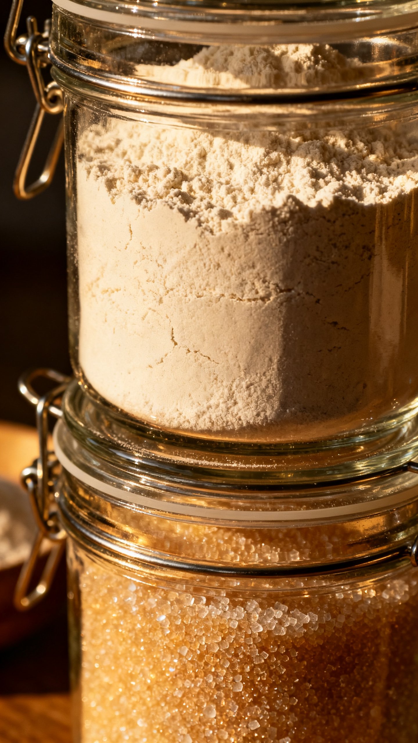 Closeup of stacked clear canisters, flour and sugar textures