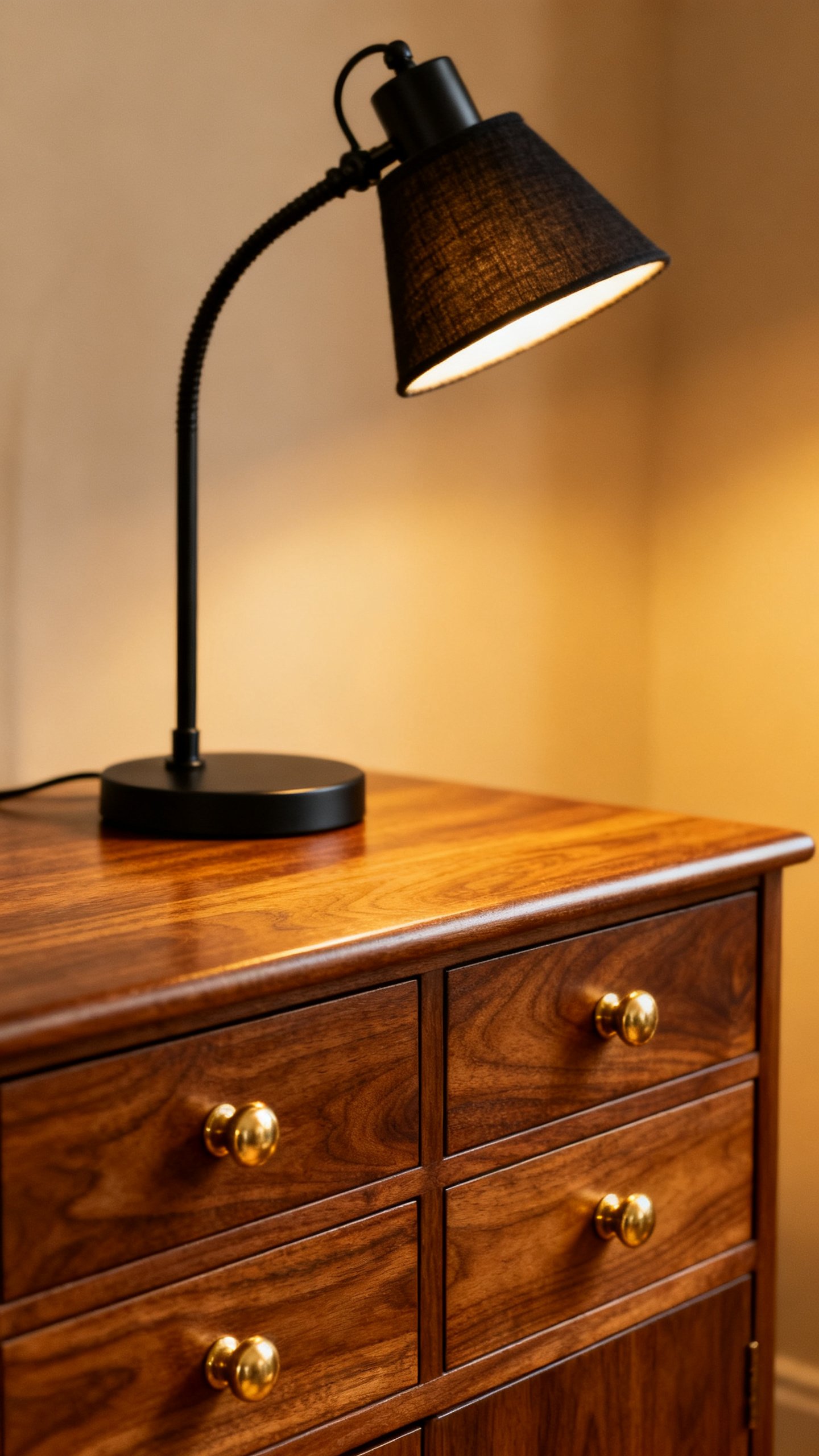 Closeup of walnut credenza with brass knobs, black iron lamp