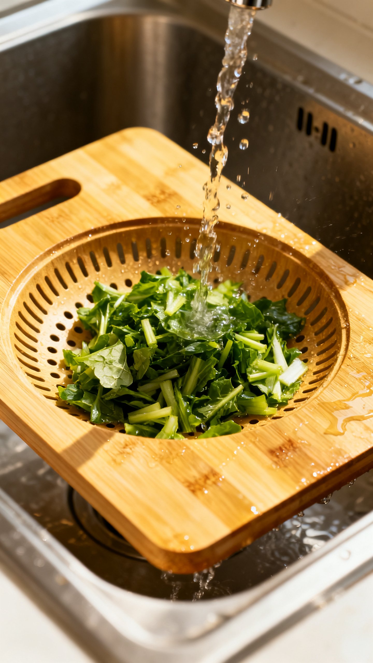 Closeup over-the-sink bamboo cutting board with built-in colander, rinsing chopped greens
