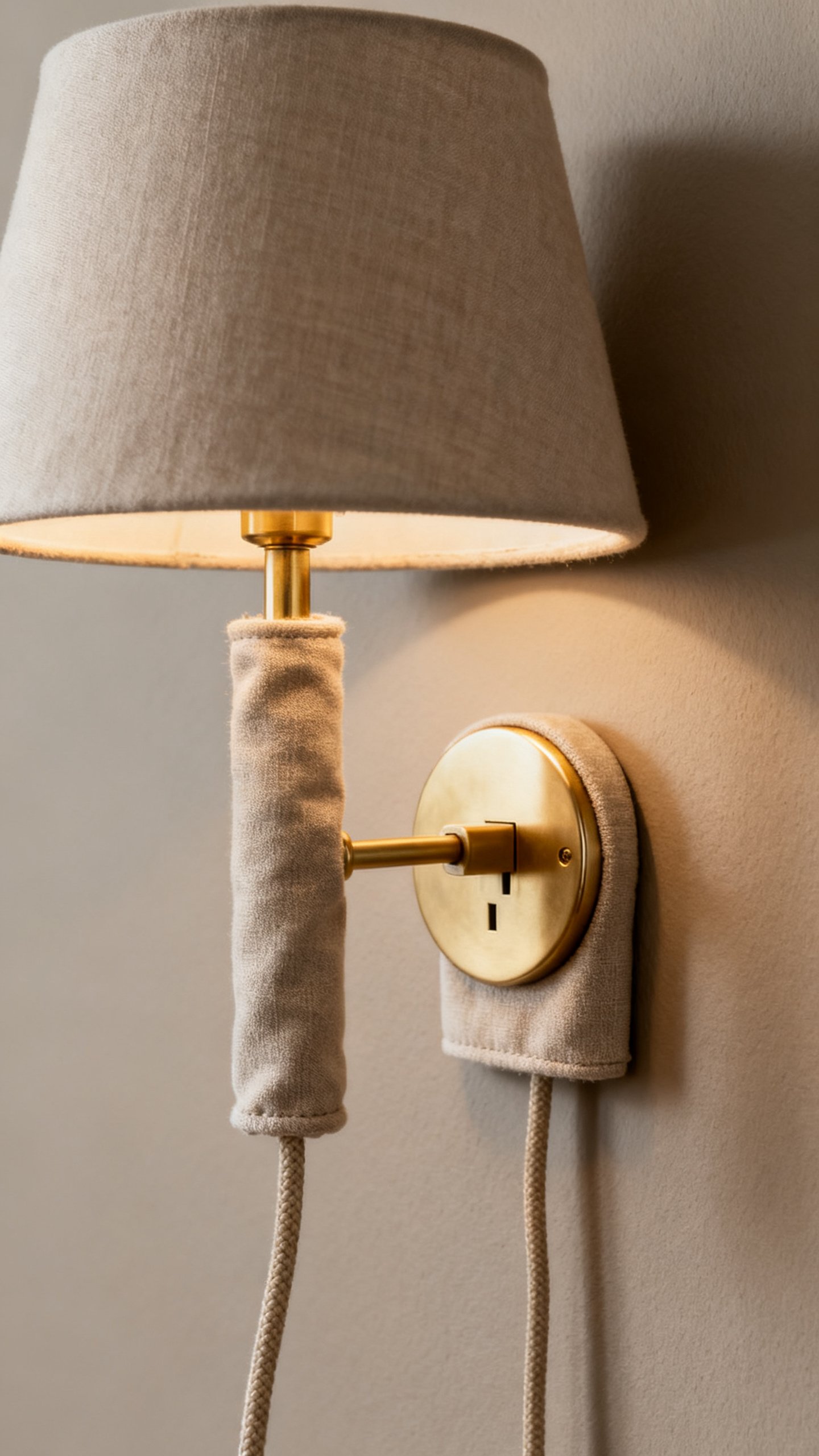 Closeup plug-in wall sconce with fabric shade, cord cover, neutral wall