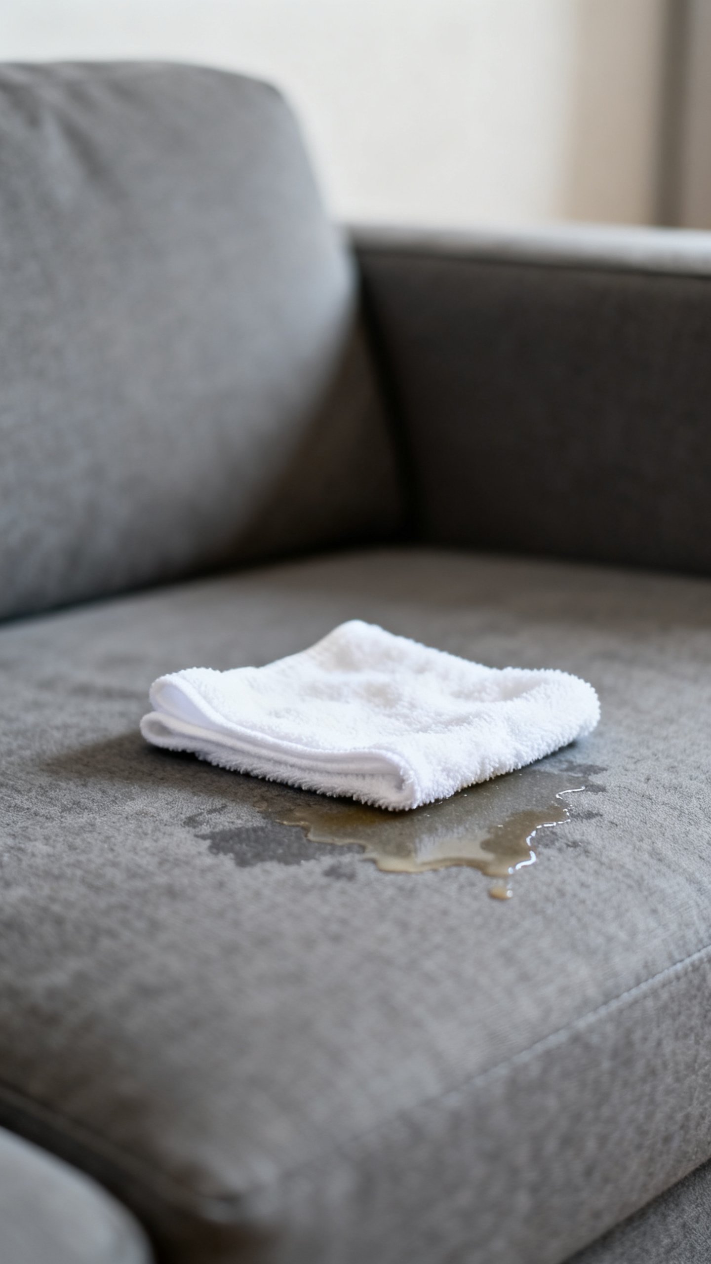 Closeup white microfiber cloth blotting spill on gray sofa