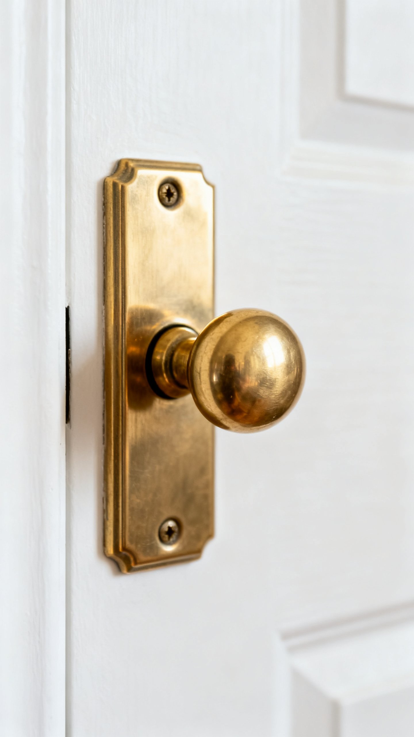 Detail shot of brass backplate and matching knob on white door