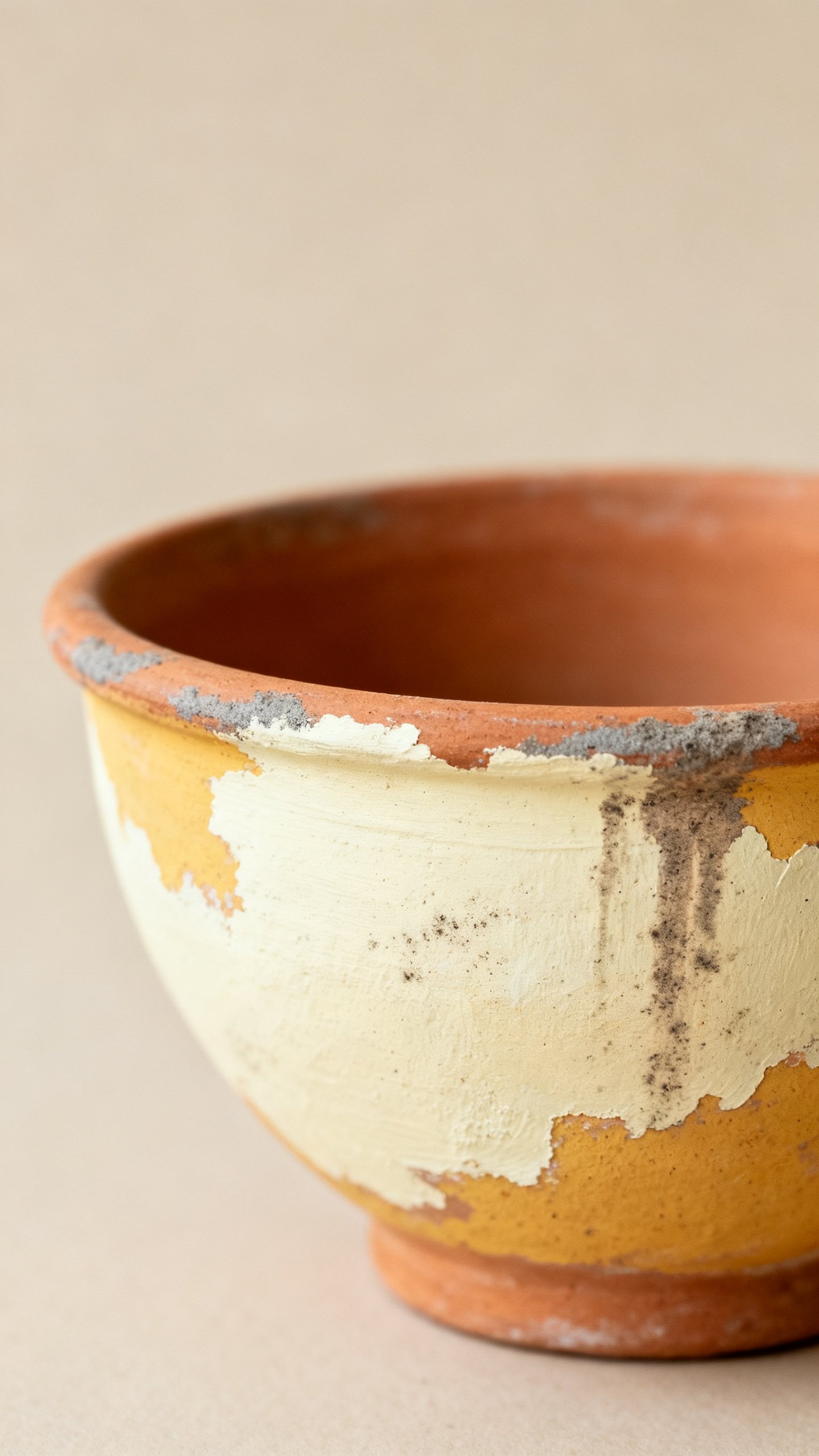 Detail shot terracotta bowl with patchy limewash, subtle dirt patina, matte finish