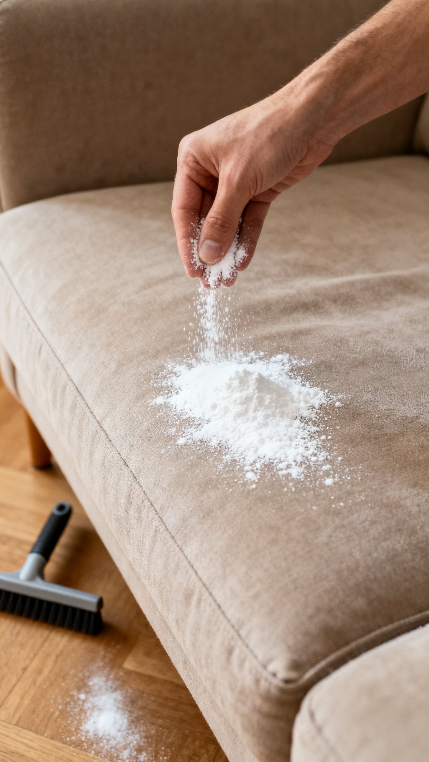 Hand sprinkling baking soda over couch cushion, crevice tool nearby