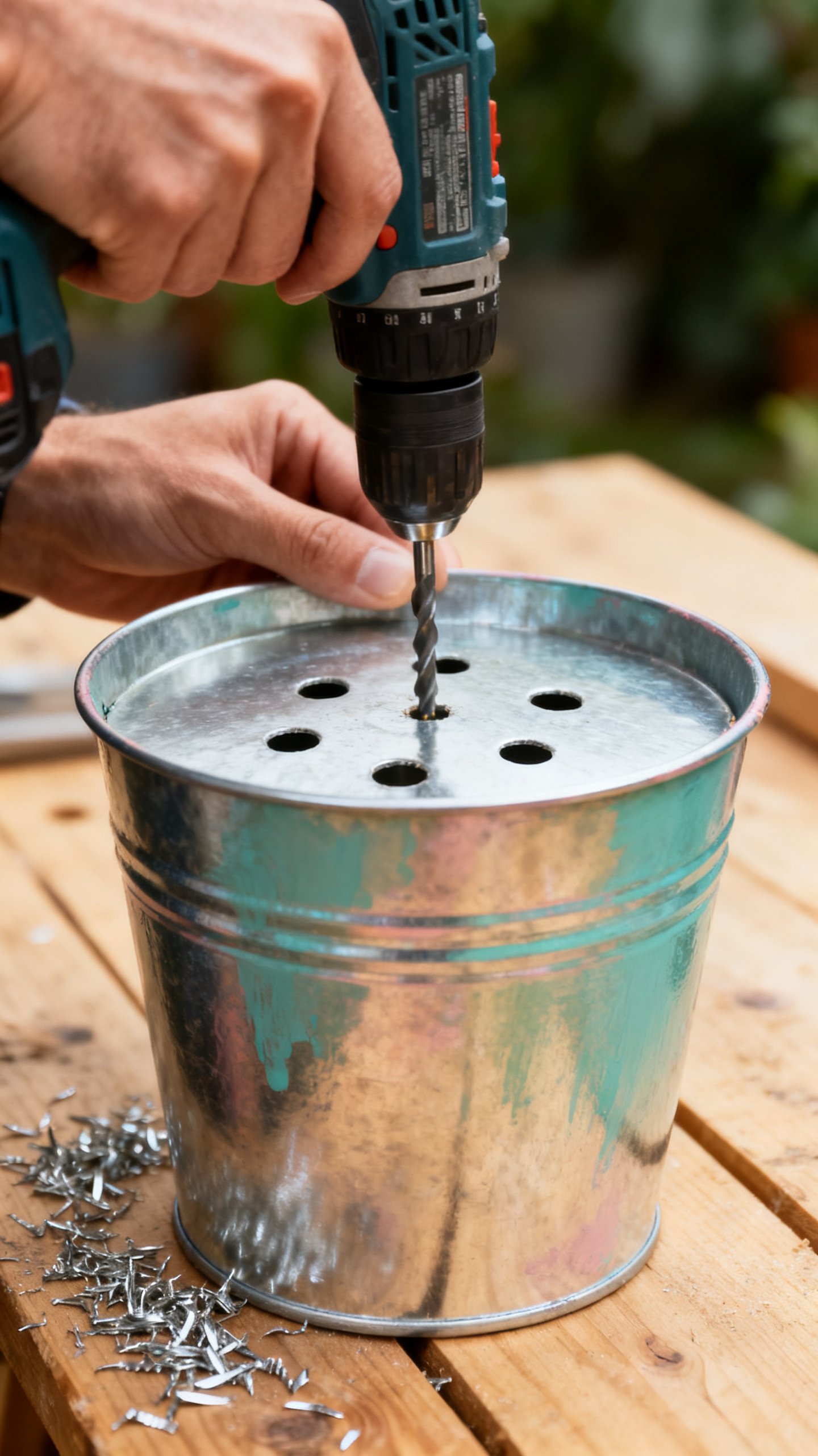 Hands drilling drainage holes in painted tin planters