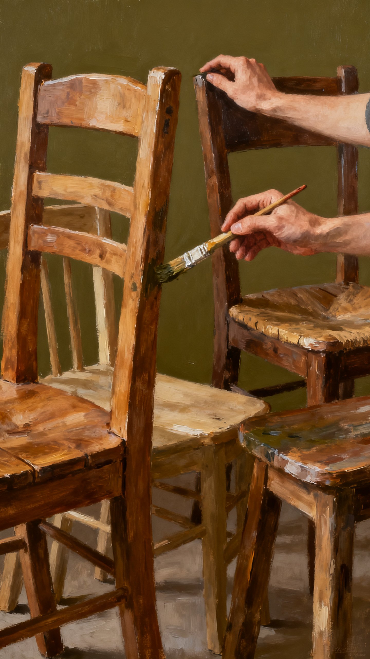Hands painting mismatched wooden chairs matte deep olive