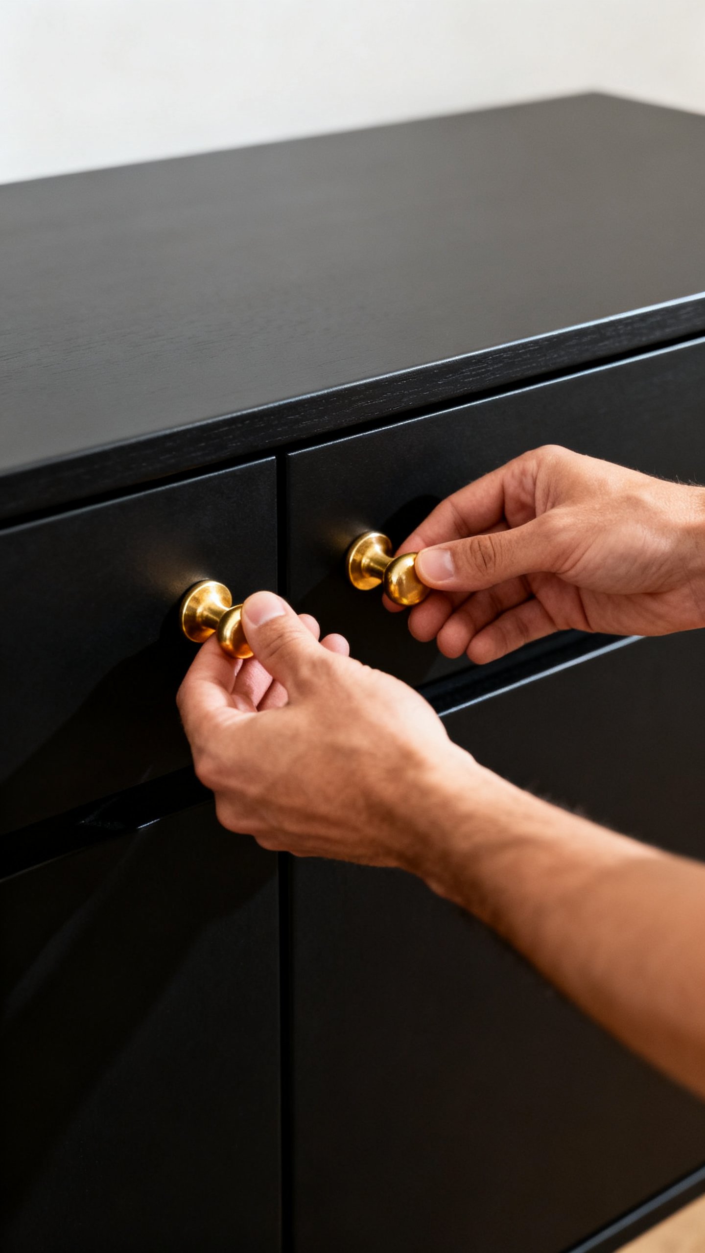 Hands swapping brass pulls on matte black sideboard