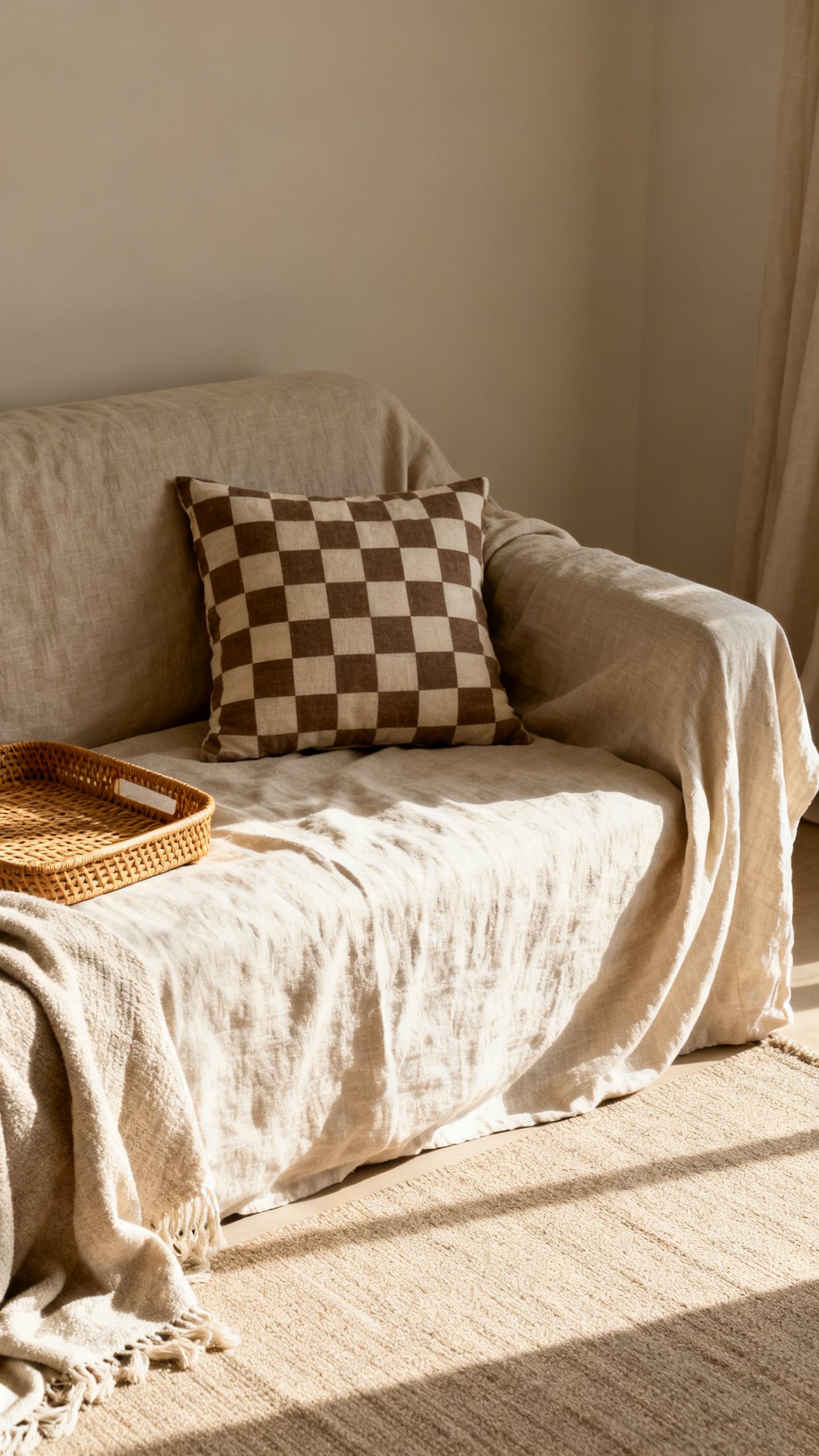 Layered textiles on neutral rug: linen slipcovered sofa, checkerboard pillow, rattan tray
