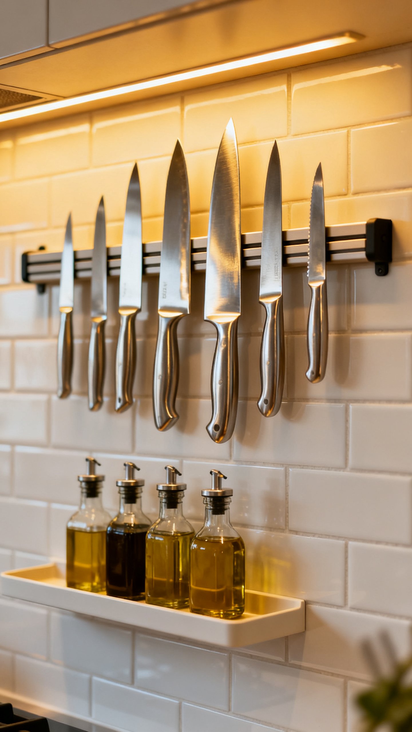 Magnetic knife strip on white tile backsplash, stainless chef knives gleaming, shallow wall shelf wi
