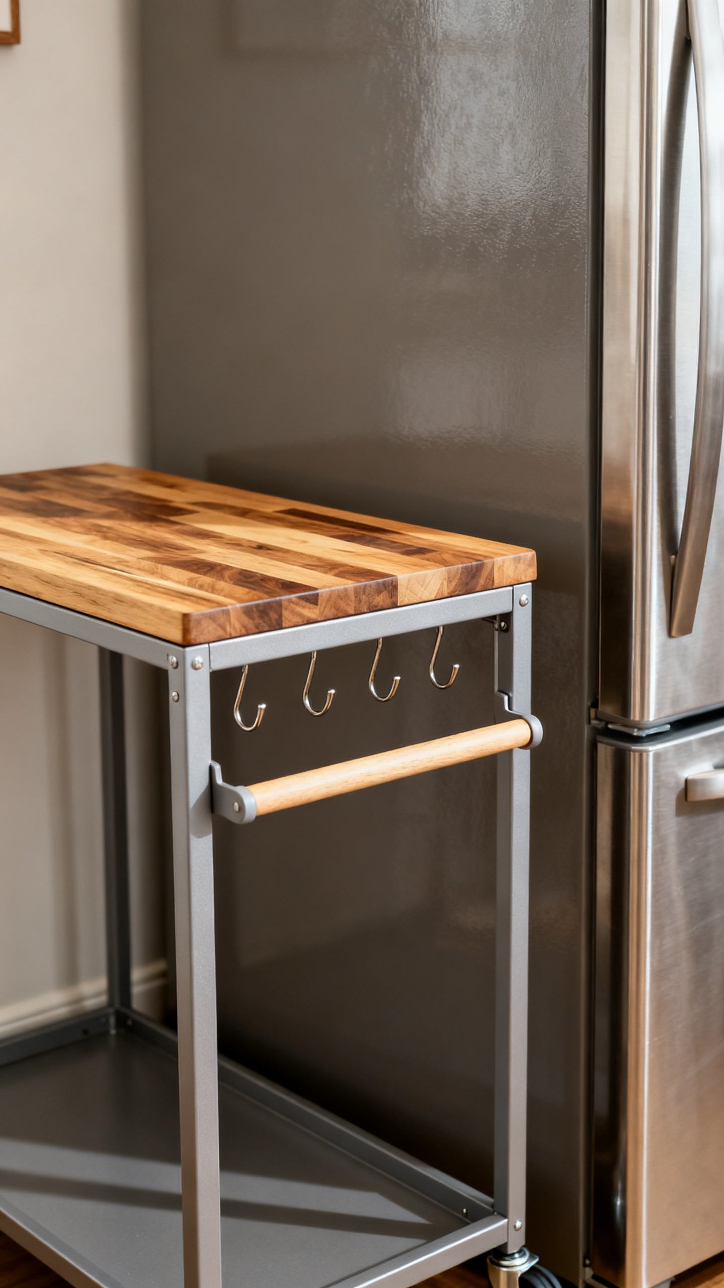 Narrow rolling utility cart with butcher-block top, hooks and towel bar, parked beside fridge