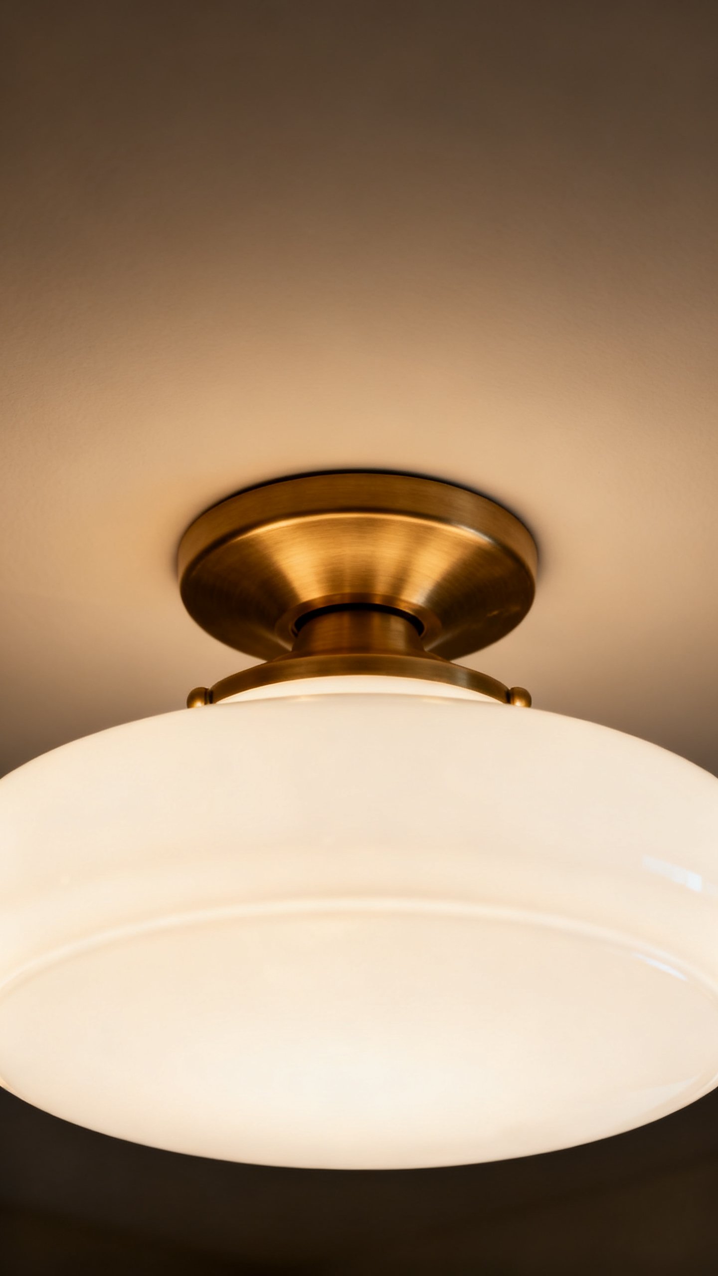 Opal glass flush mount ceiling light, dimmed, warm brass hardware