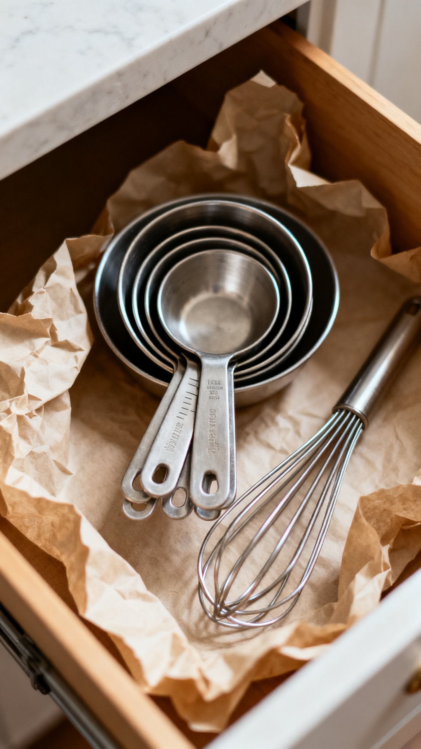 Overhead of baking drawer: nested cups, whisks, parchment sheets