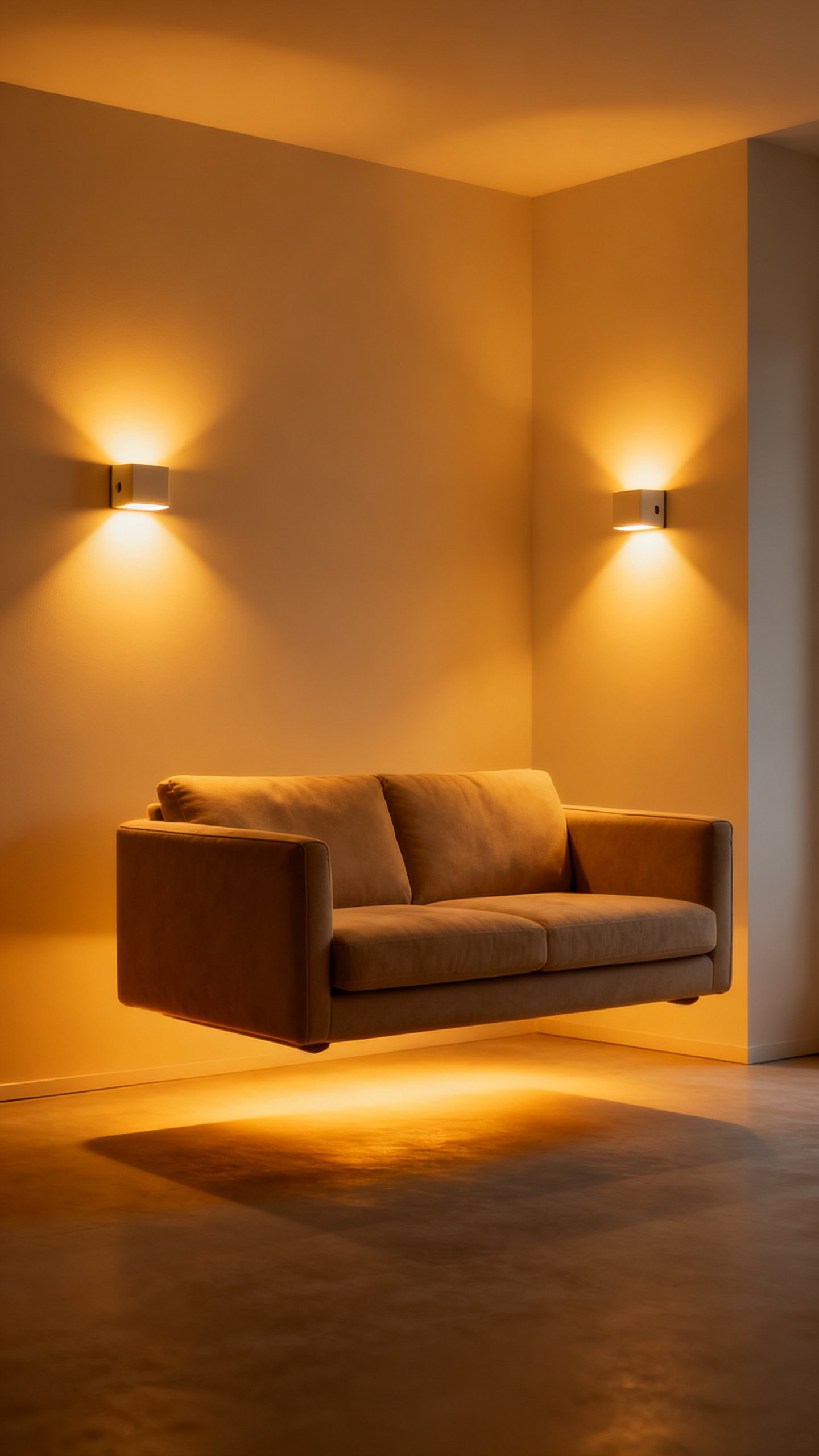 Plug-in sconces framing floating sofa, warm 2700K glow