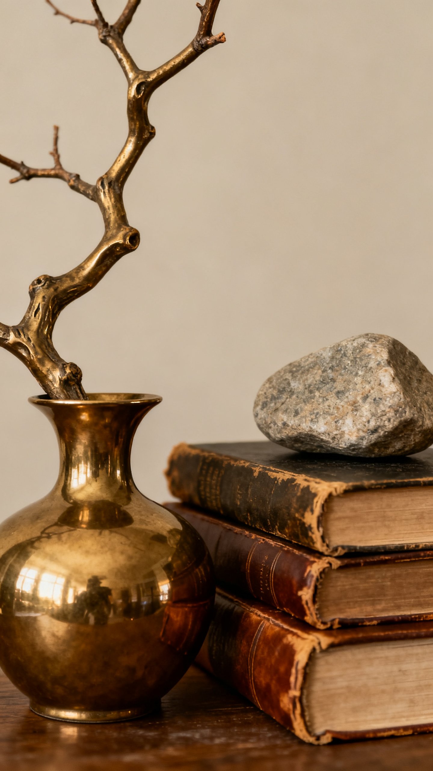 Sculptural branch in glossy vase beside stacked books with stone, cozy vintage brass tones