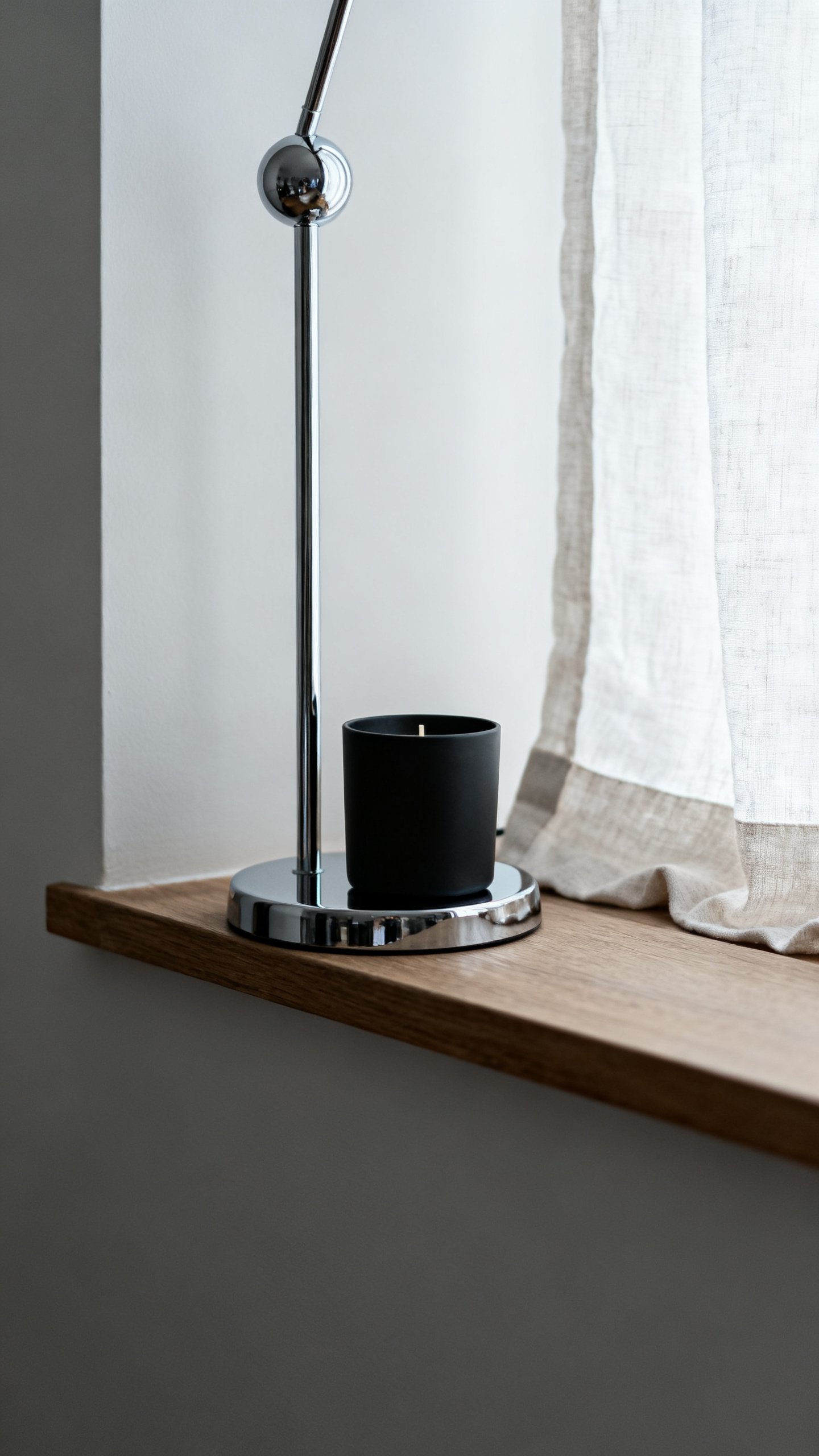 Slim chrome lamp and matte black candle on narrow sill, negative space, linen curtain edge