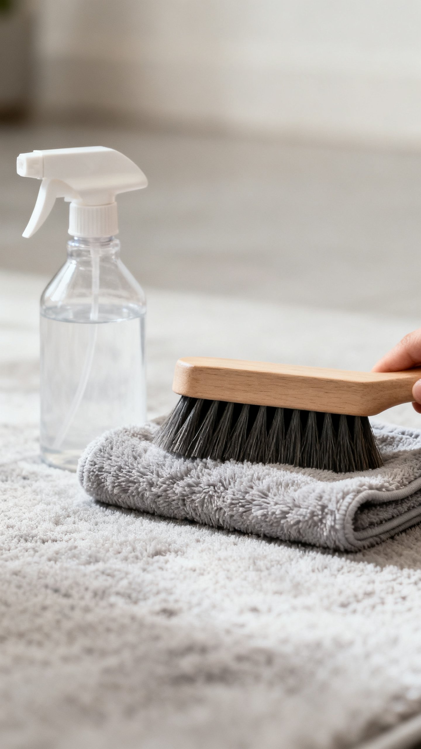 Soft-bristle brush restoring microfiber nap, isopropyl spray bottle