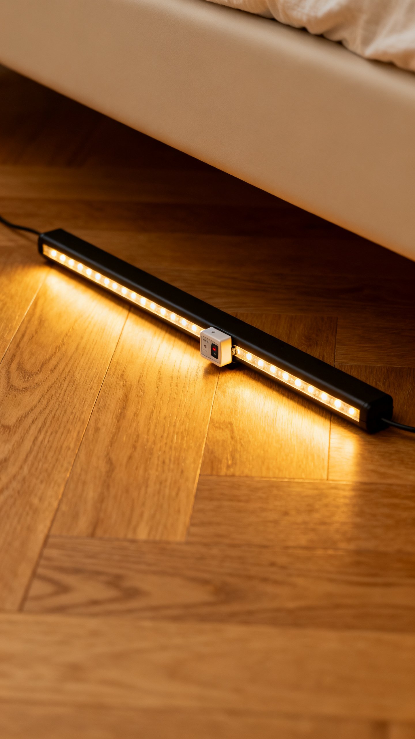 Under-bed warm LED strip glow on hardwood floor, motion sensed