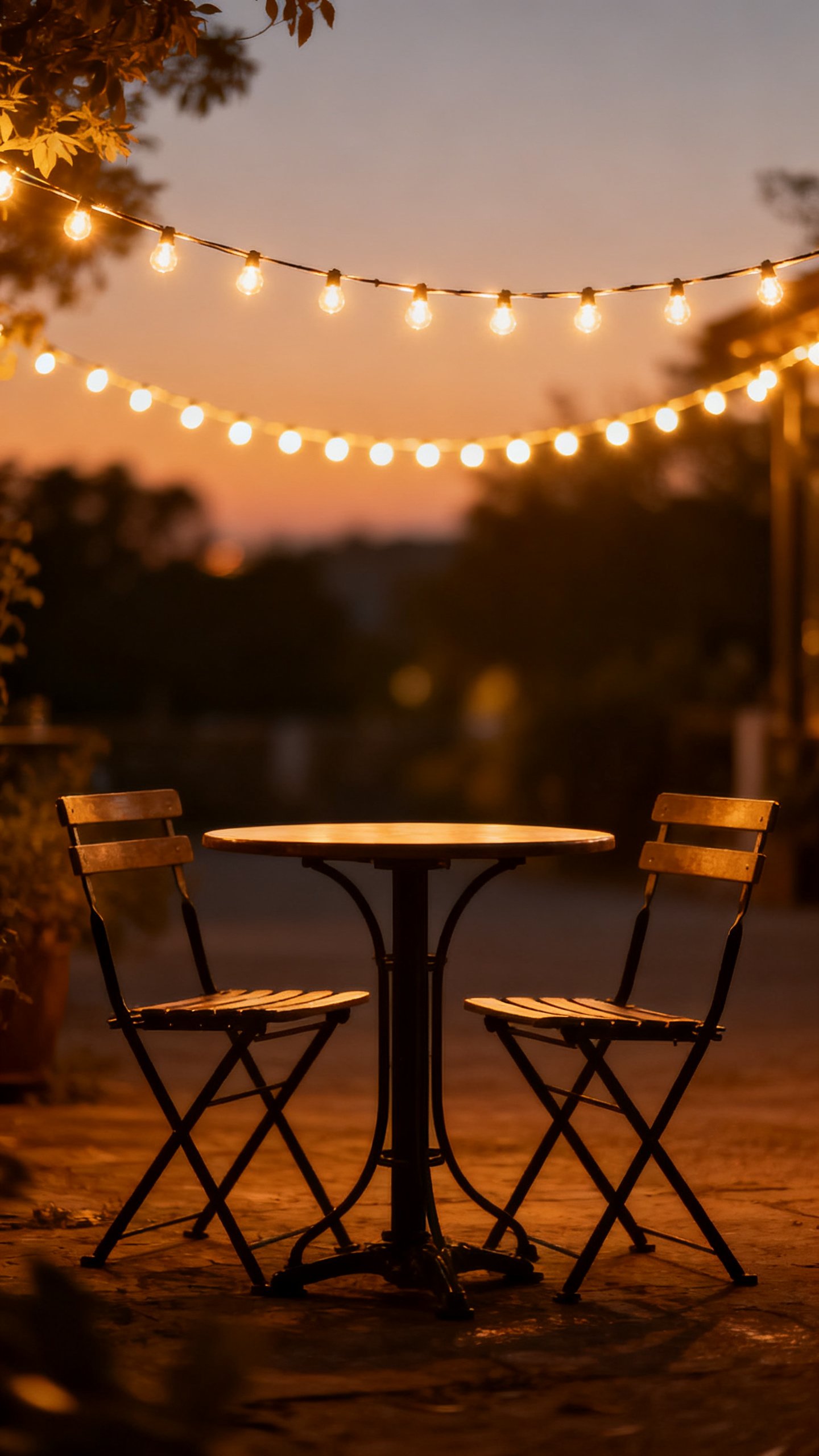 Warm string lights zig-zagging above bistro set at dusk