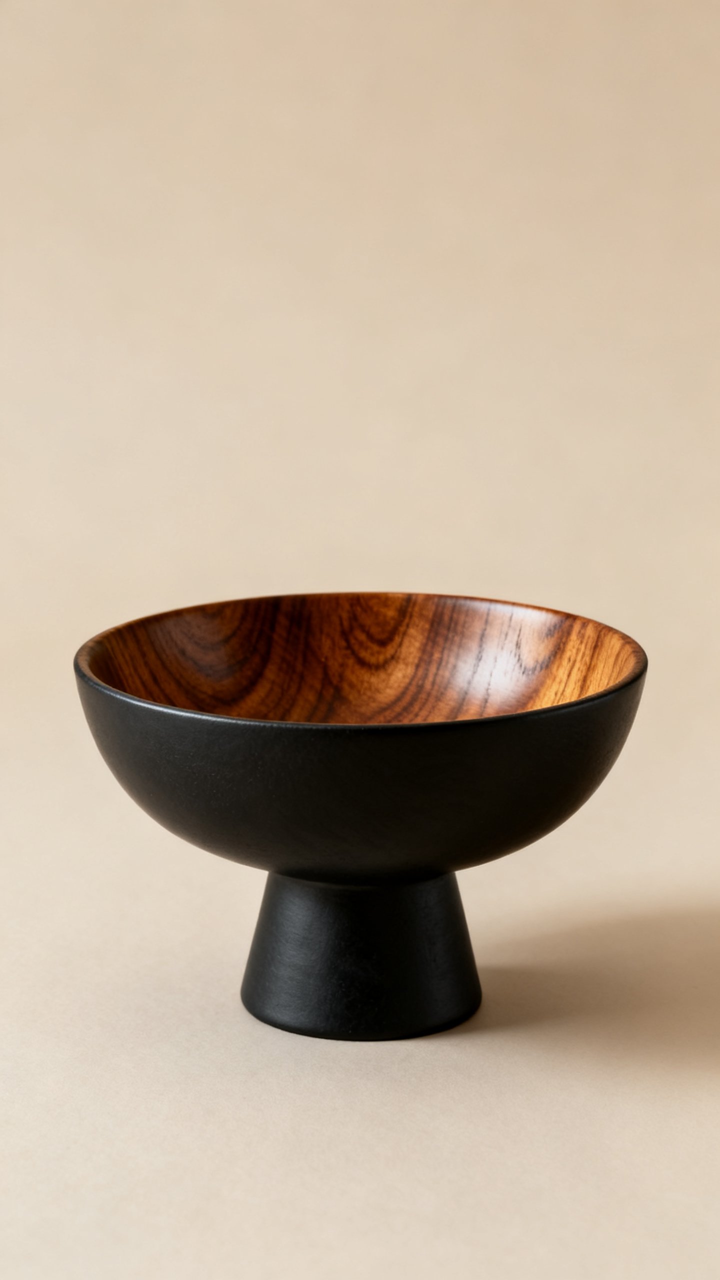 Wooden bowl two-tone: matte black exterior, oiled interior grain, pedestal base