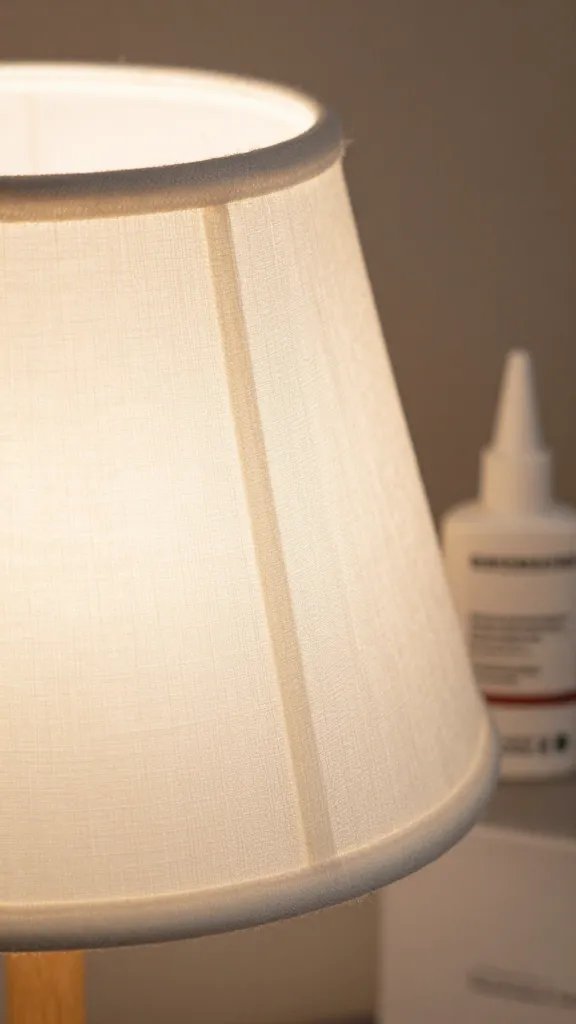 closeup of fabric collar on a lampshade with glue bottle nearby