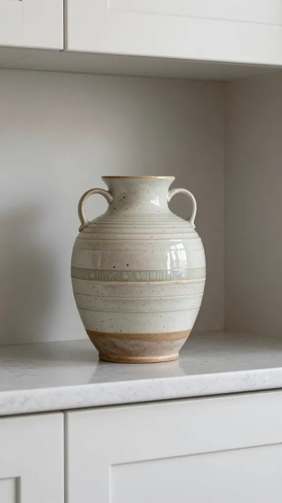 Closeup of styled pottery vase above kitchen cabinets