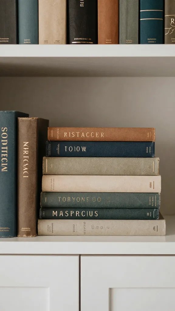 Focused shot of decorative books on high shelf above cabinets