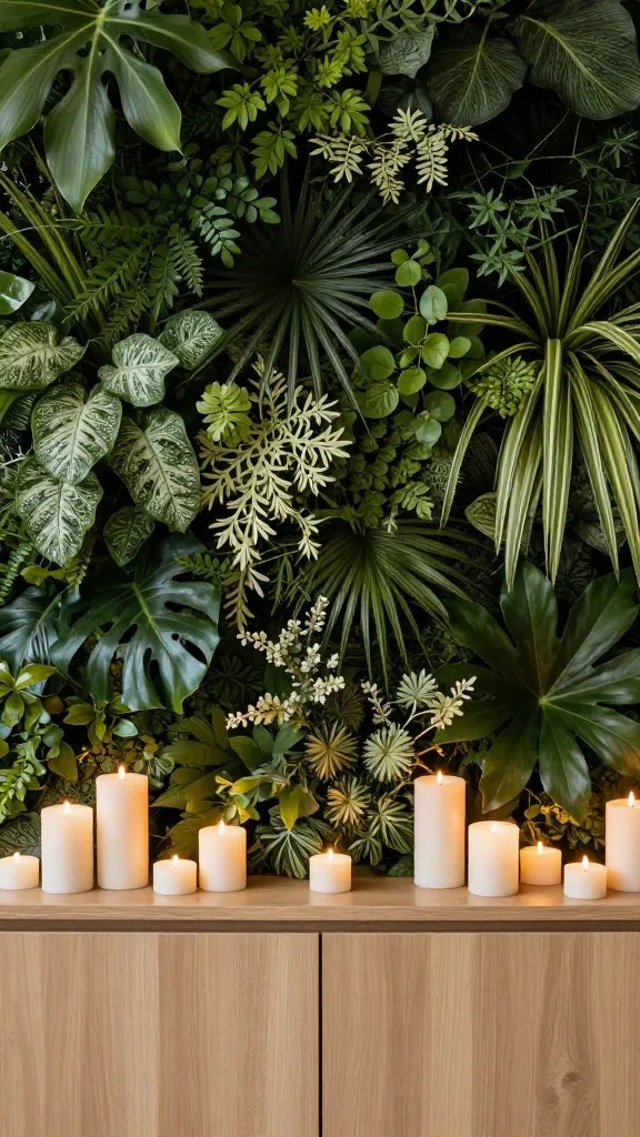 Closeup of layered greenery and candles above cabinets