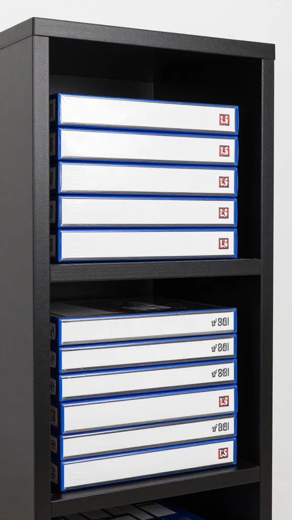 closeup of a single compact stackable shelf with game boxes