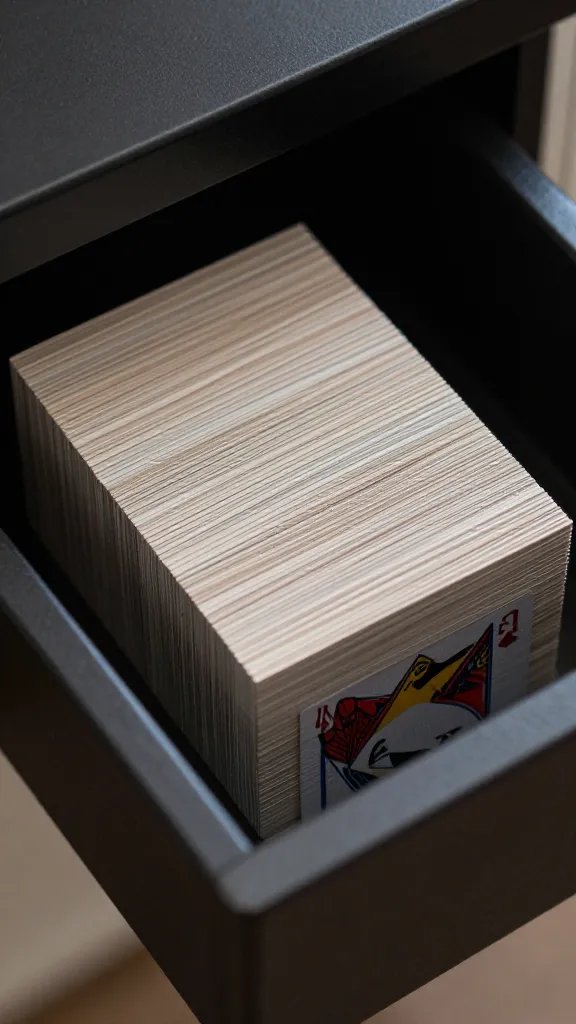 closeup of a lone card deck neatly organized in a slim drawer