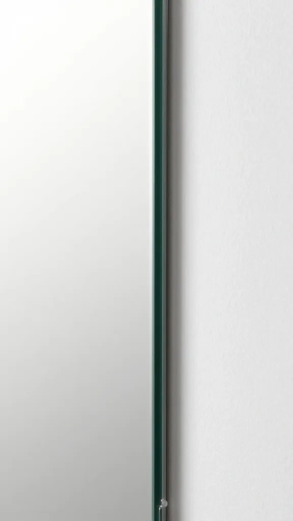 Closeup of a thin DIY trim border around mirror edge with clear poly seal