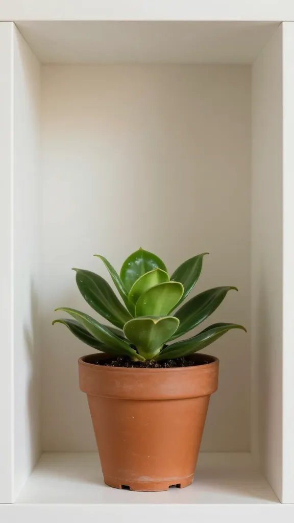 closeup of a lone potted plant on open shelf with soft shadow