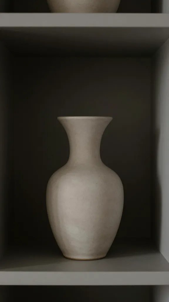 closeup of a single statement vase on open shelf with minimal accessories