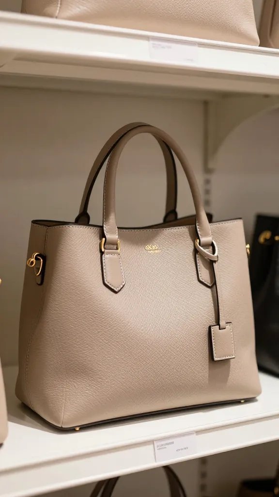 Closeup of a single structured handbag on a labeled tote shelf