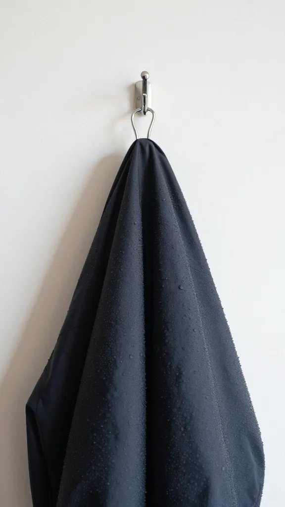 closeup of a wall hook with a damp jacket clasped