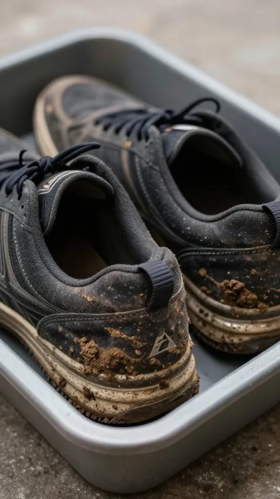 closeup of a shoe tray with muddy sneakers resting