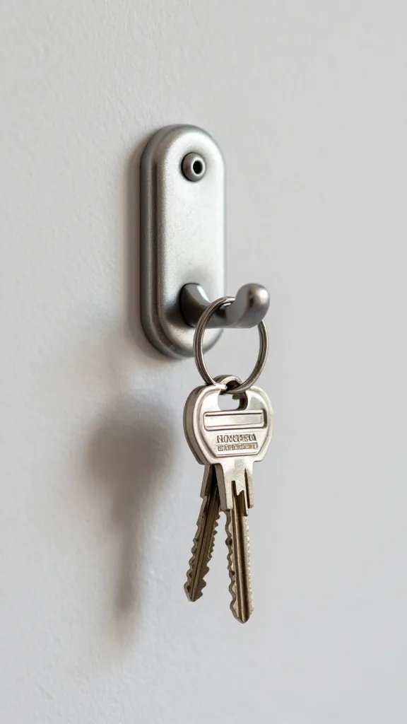 closeup of a wall-mounted key hook with a single keyring