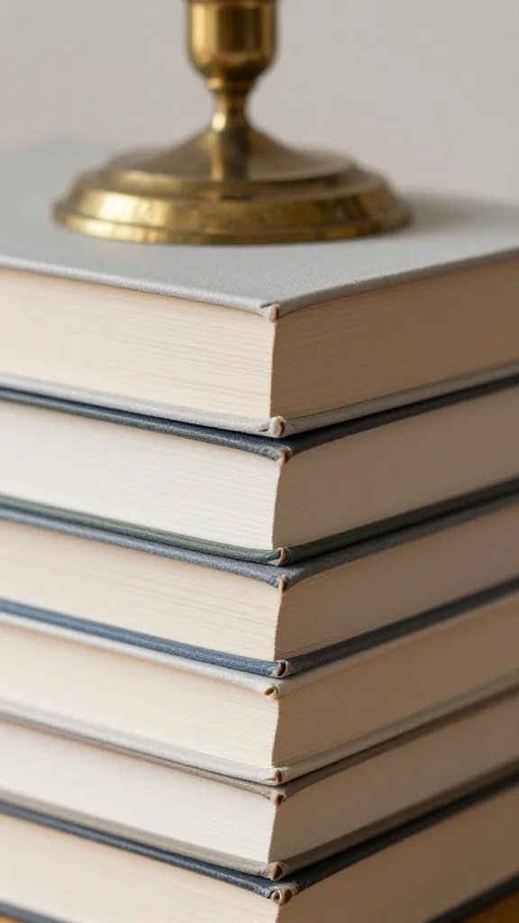 Closeup of a neutral-toned book stack with a brass candle holder on top