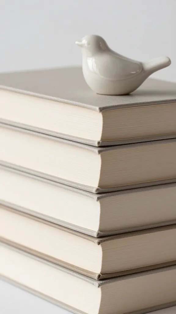 Closeup of a cream taupe book stack with a pale ceramic bird accent