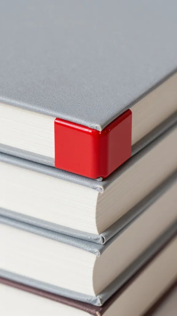 Closeup of a gray book stack featuring a single bold, glossy accent object