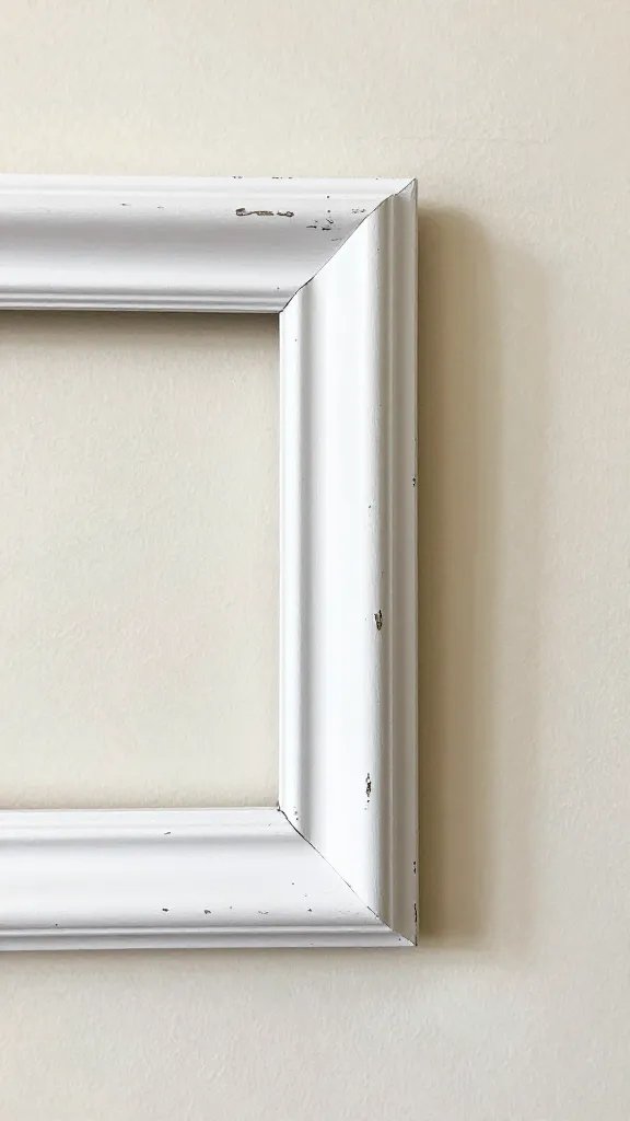 Closeup of distressed white frame corner against creamy wall