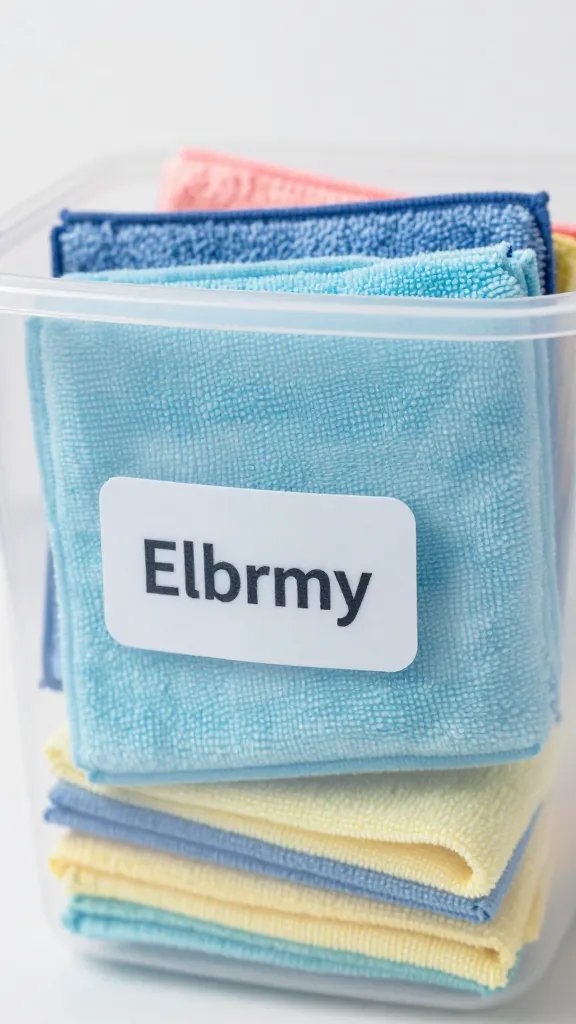 Closeup of labeled plastic bin containing microfiber cloths