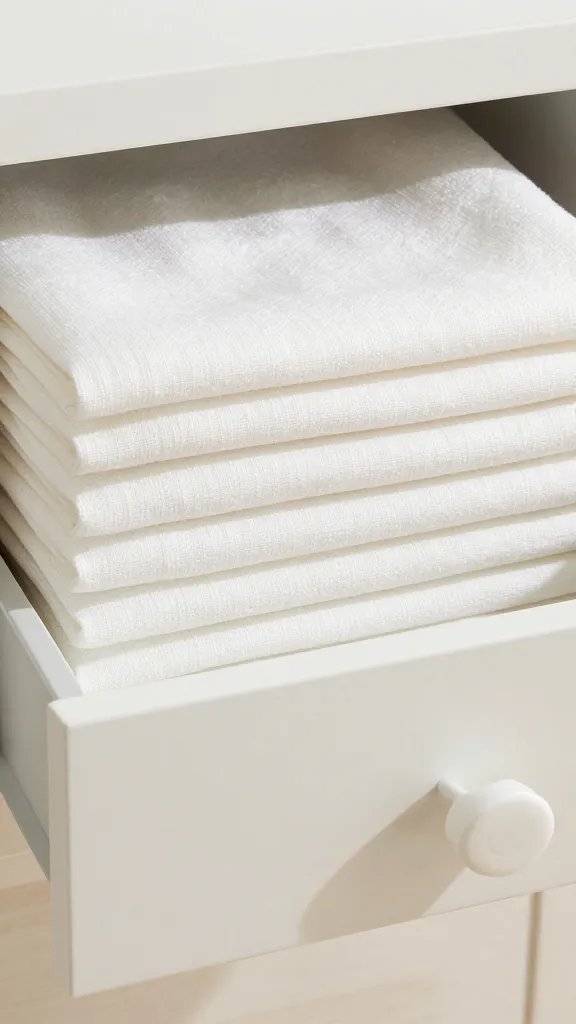 Closeup of neatly stacked cotton rag in labeled drawer