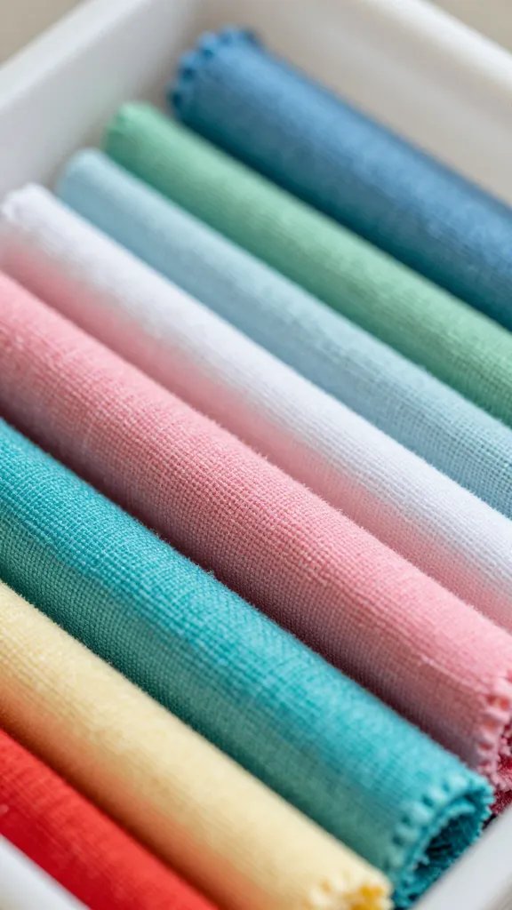 Macro shot of color-coded cloths sorted by type in bins