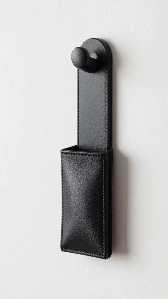 Closeup of a wall-mounted slim coat rack with a single black leather key tray